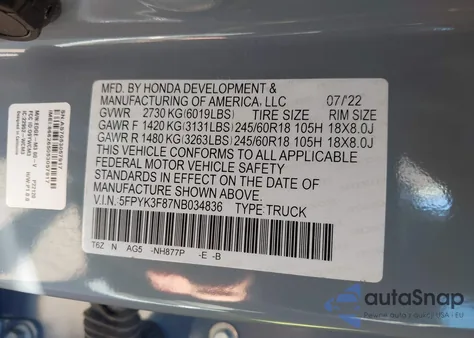 2022 Honda Ridgeline Black Edition из США, поврежденный, VIN 5FPYK3F87NB034836